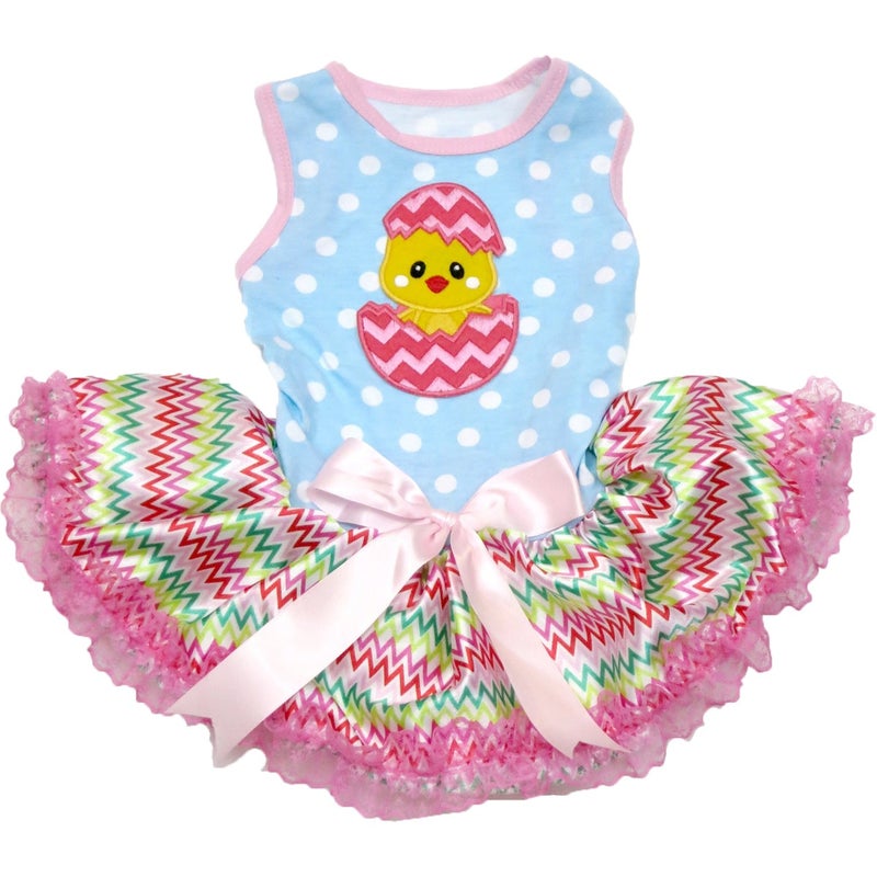 Petitebella Chick Egg Puppy Dog Dress (Blue Dots/Chevron Lace, Medium)
